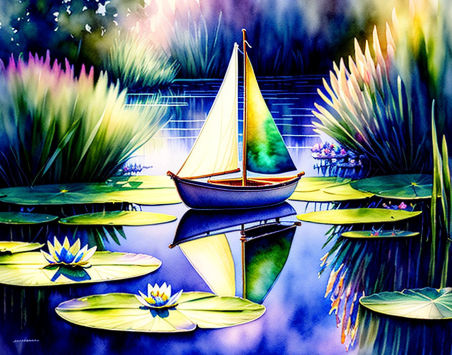 Sailboat watercolor painting: calm pond, water lilies, reflection, floral background