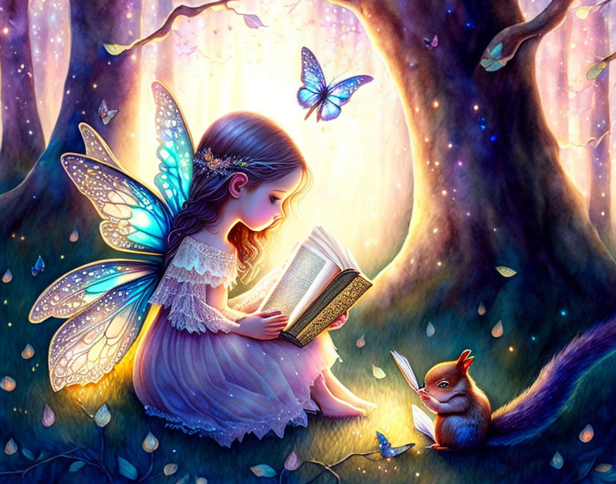 Fairy girl with wings reading a glowing book in enchanted forest