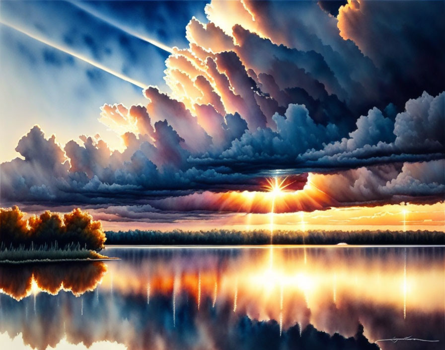 Dramatic sky reflection on lake with sun rays, meteor trail, and tranquil treeline