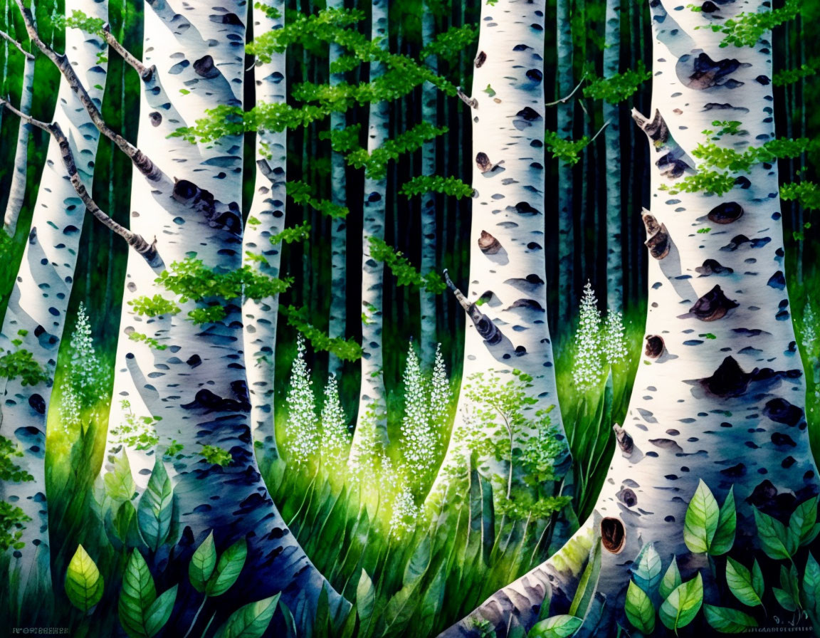 Tranquil birch forest with white trunks and green foliage