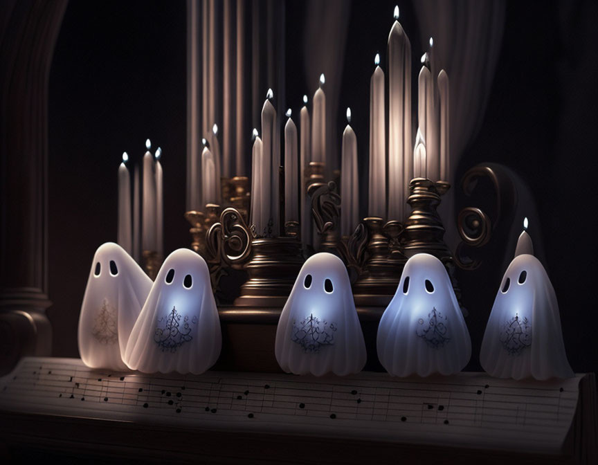 Ghost Figurines on Piano Keyboard with Lit Candles and Sheet Music