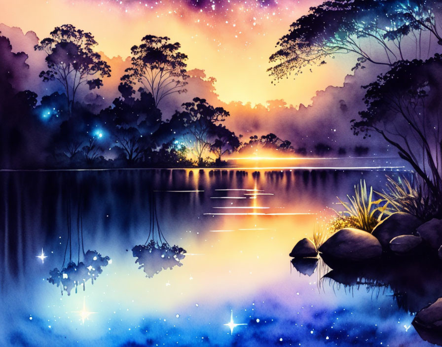 Colorful starry sky blending into sunrise over serene lake with silhouetted trees.