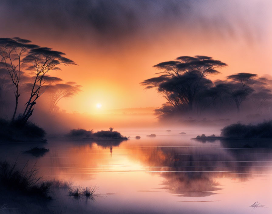 Misty sunrise over calm lake with tree silhouettes