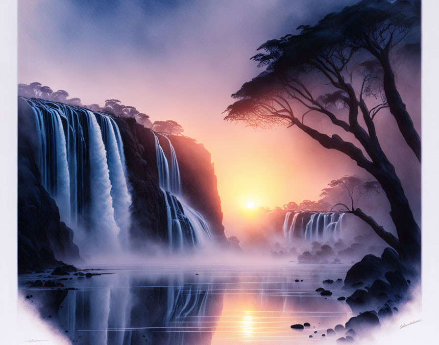 Tranquil waterfalls, silhouetted trees, radiant sunrise on serene water.