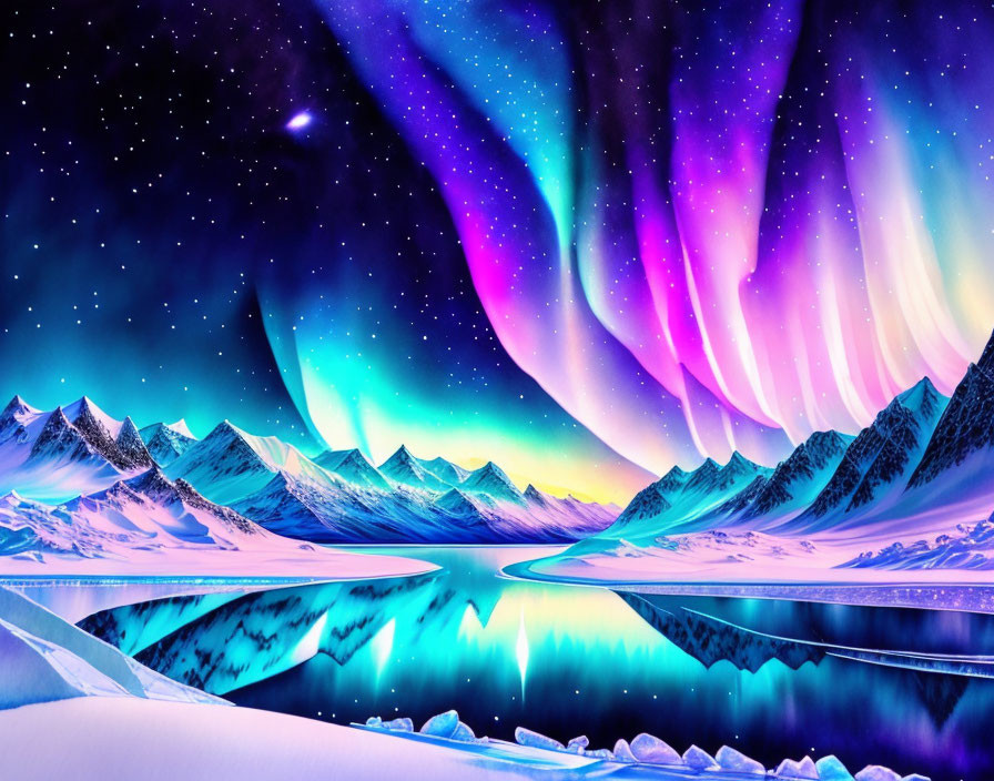 Digital artwork: Aurora Borealis over snowy mountains and lake under starlit sky