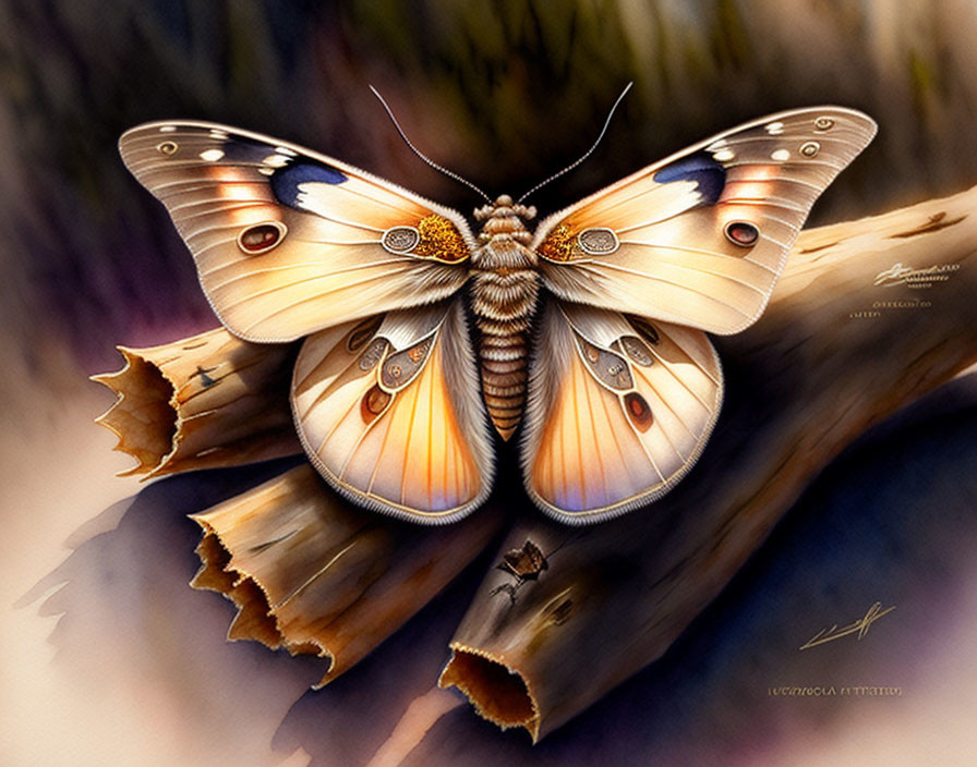 Realistic Butterfly Illustration with Intricate Wing Patterns on Twig