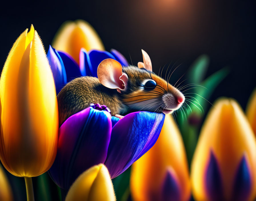 Small Mouse Peeking Among Blue and Yellow Tulips on Dark Background