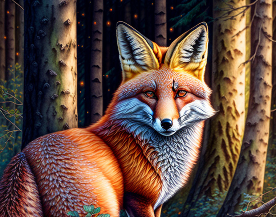 Detailed red fox illustration in forest with captivating eyes.