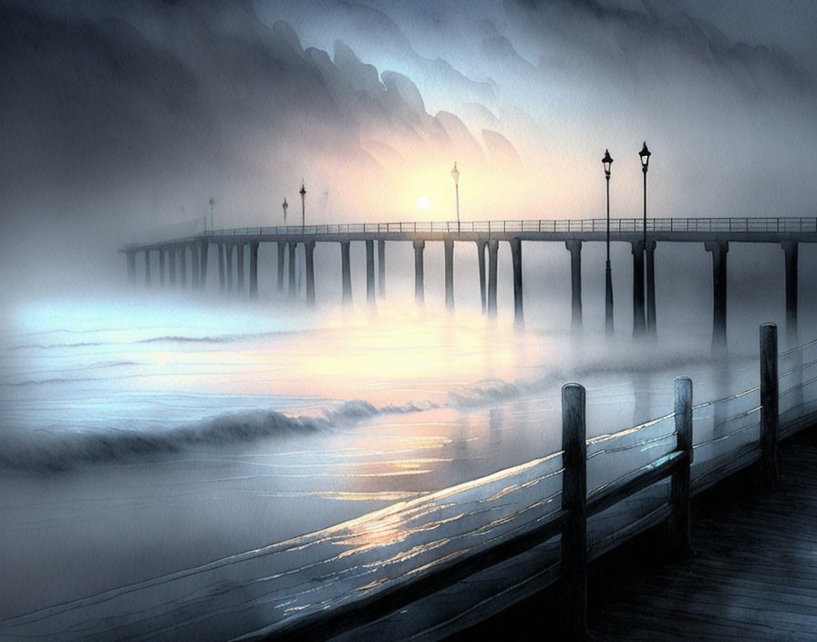 Misty pier at dawn with street lamps and glowing sunrise over the ocean