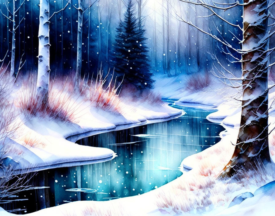 Winter landscape with snow-covered banks, meandering stream, and twilight sky.