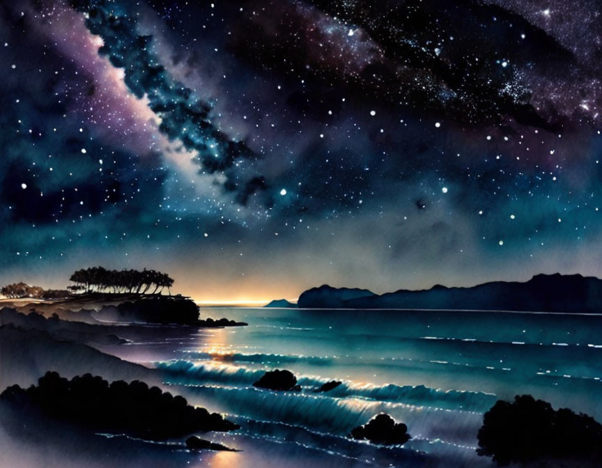 Starry Nightscape with Silhouetted Trees and Moonlit Sea