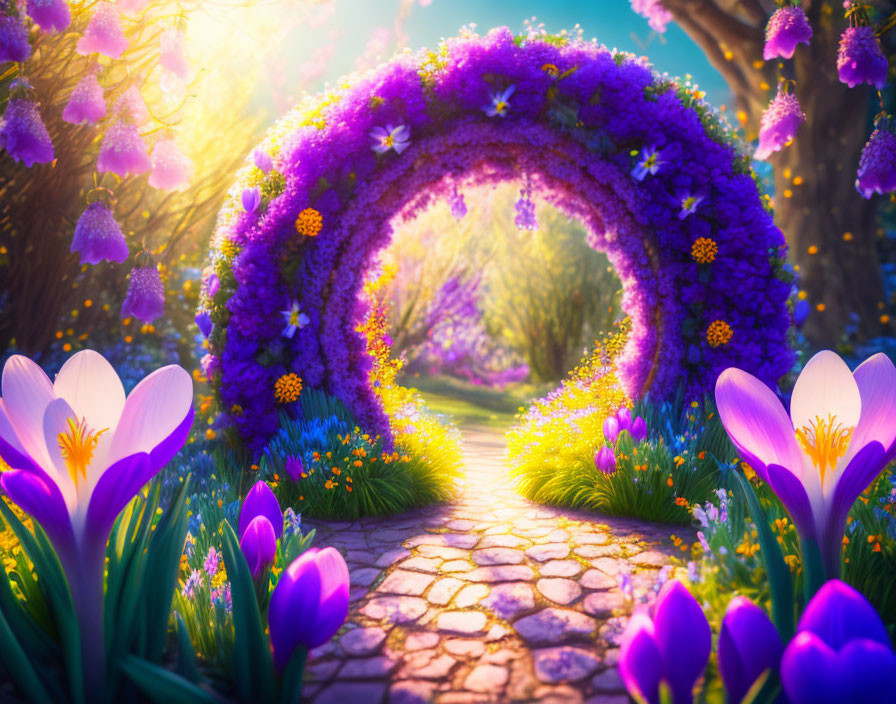 Sunlit garden path with purple and yellow flower archway