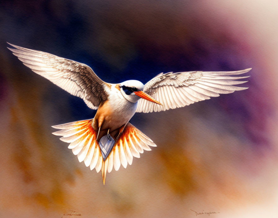 White and Tan Bird Flying with Red Beak on Purple and Beige Background