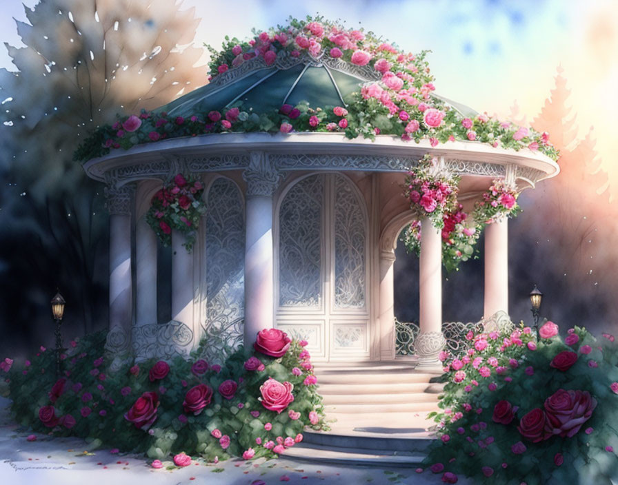 Twilight scene: Ornate gazebo with pink roses, lit lanterns, lush foliage