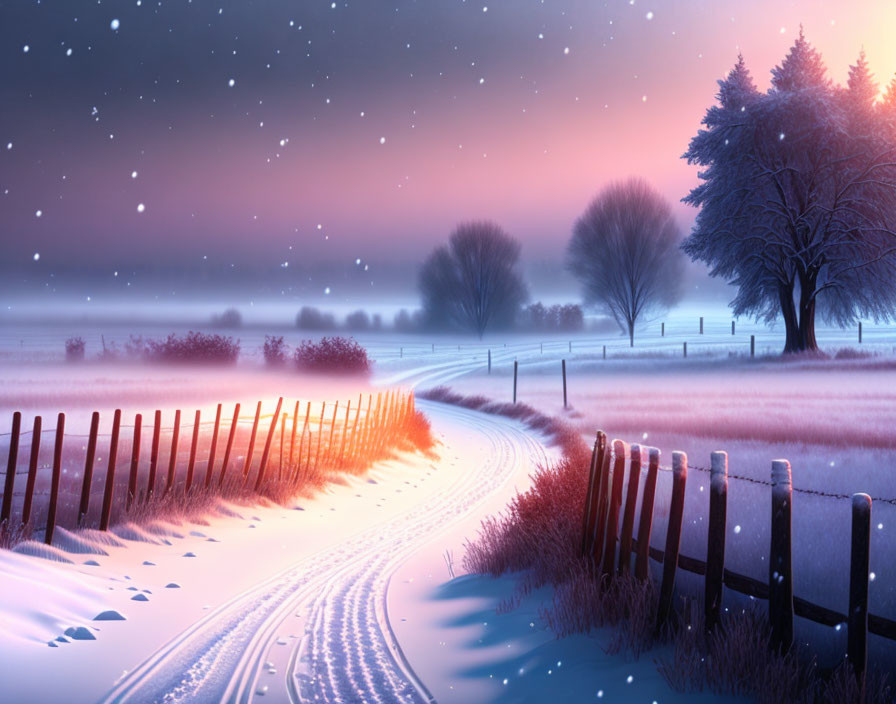 Snow-covered Winter Landscape with Starry Sky at Dusk