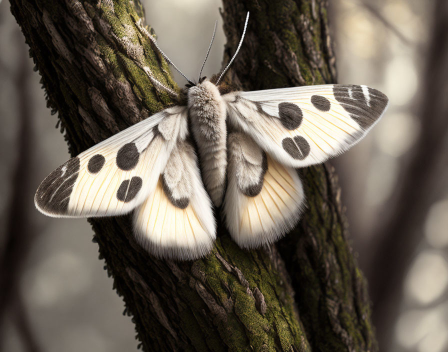 White and Black Spotted Wing Moth Resting on Textured Tree Trunk