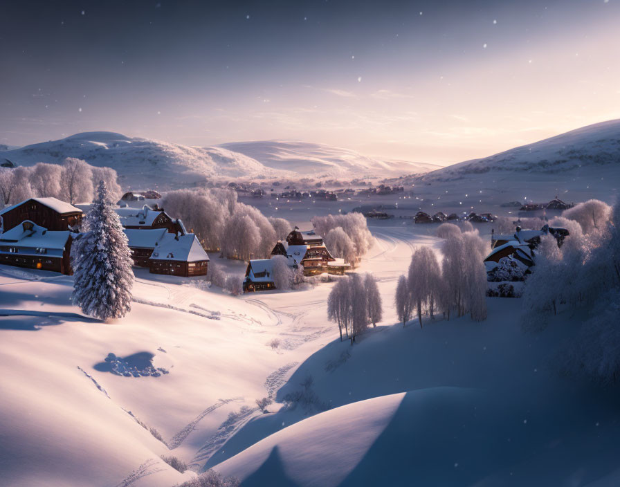 Snow-covered winter village under twilight sky