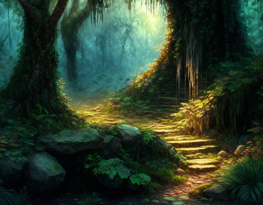 Mystical forest scene with sunlight, stone path, and lush greenery