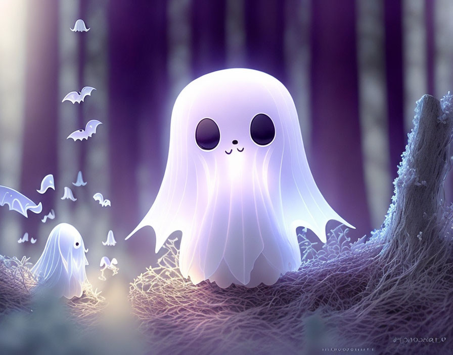 Illustration of Friendly Ghosts in Purple Forest with Bats