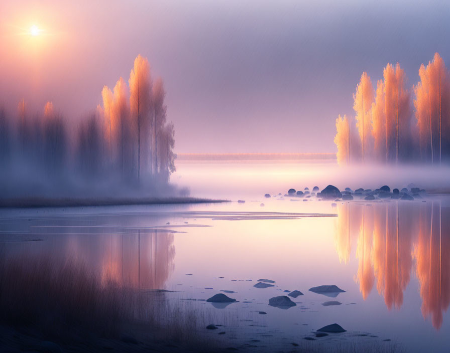 Tranquil Sunrise Scene: Misty Lake, Golden Trees, Calm Water