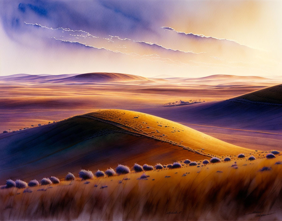 Surreal landscape painting: golden rolling hills under streaked sky