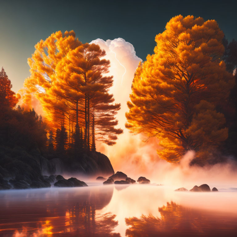 Serene sunset scene: golden autumn trees, misty lake, rocks, striking cloud formation