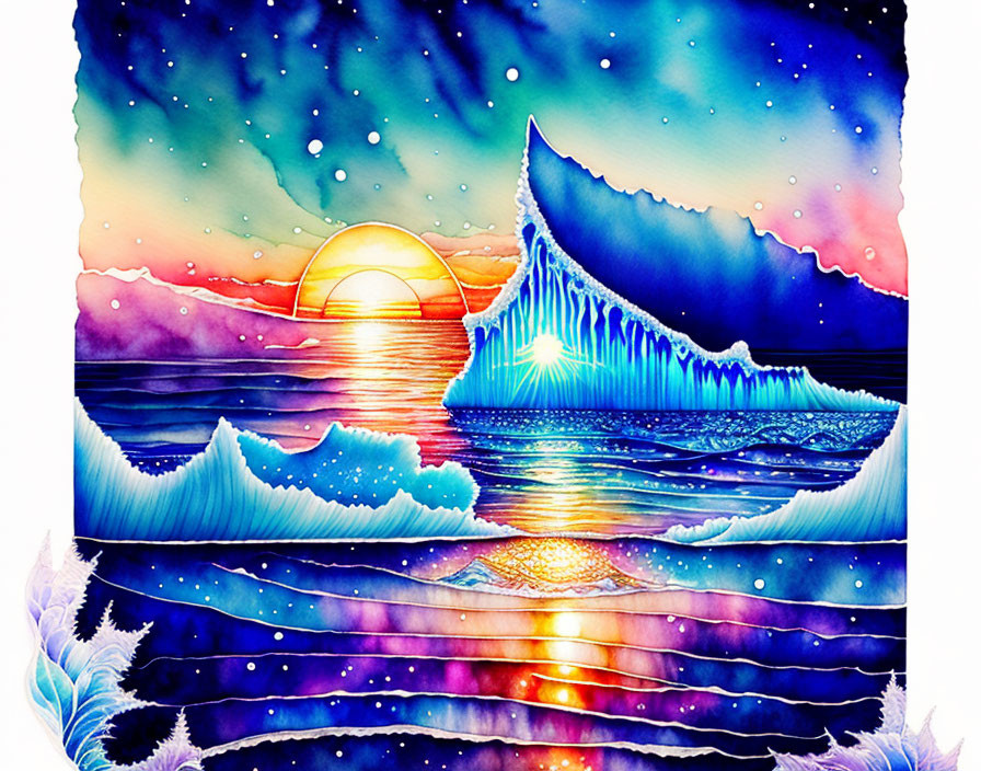 Surreal ocean scene with luminous sunset and icy mountain range