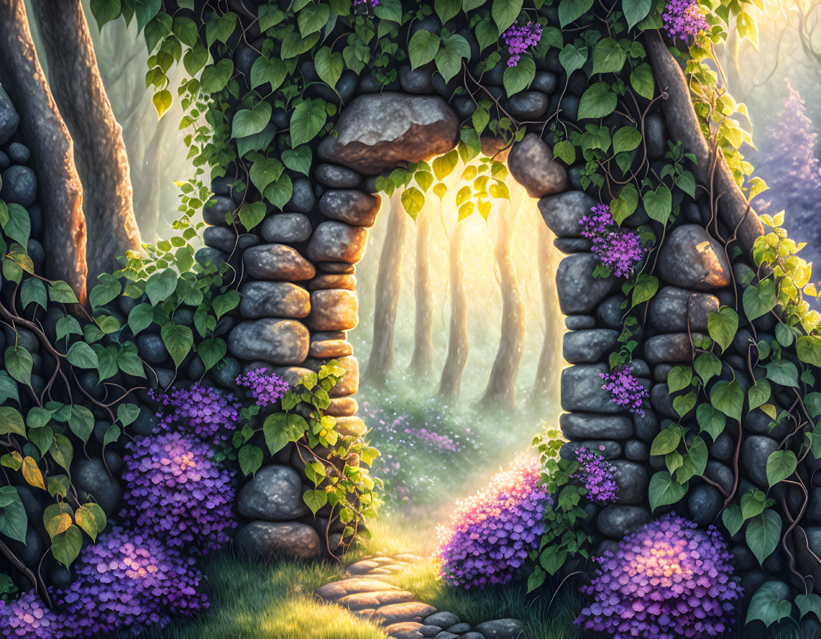 Stone archway with green vines and purple flowers in a mystical forest