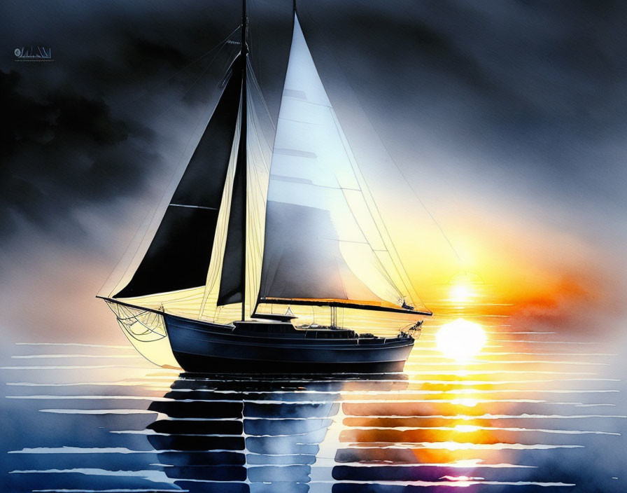 Sailboat silhouette at sunset in watercolor art