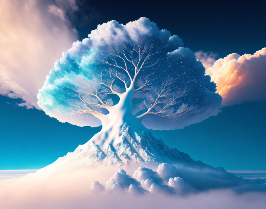 Surreal tree with cloud crown on snowy mountain peak under vibrant sky