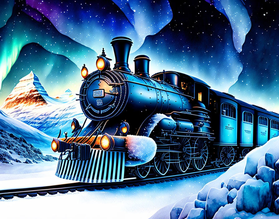 Vintage steam locomotive in snowy night landscape