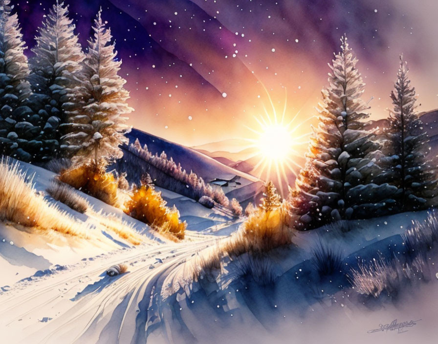 Winter Sunset Watercolor Painting with Snow-Covered Hills, Cabin, and Pine Trees