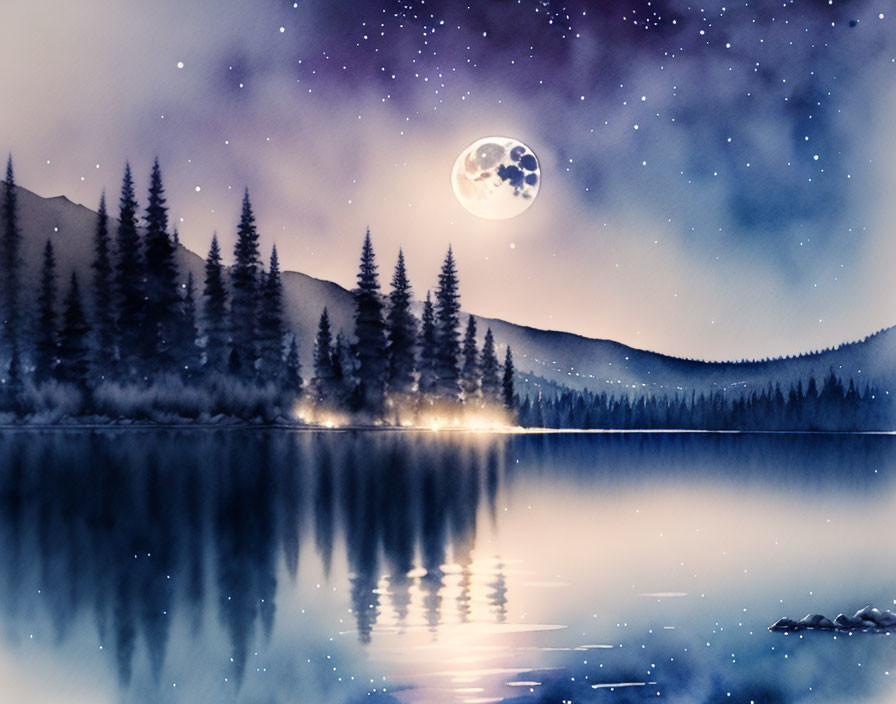 Full Moon Night Scene: Forest, Lake, Starry Sky