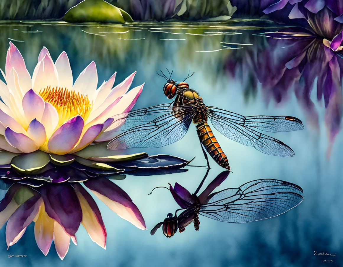 Dragonfly resting on water lily surrounded by vibrant petals and leaves