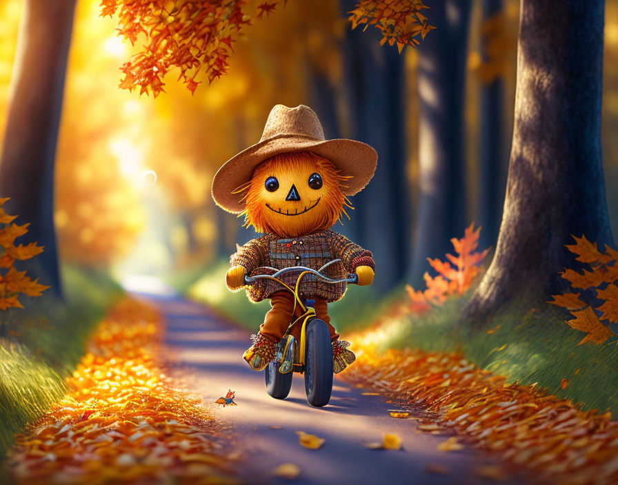 Whimsical anthropomorphic pumpkin character on bicycle in sunny autumn forest