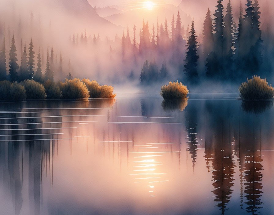 Serene Sunrise Reflections on Misty Lake