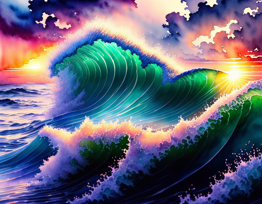 Colorful digital artwork: Stylized wave against sunset sky