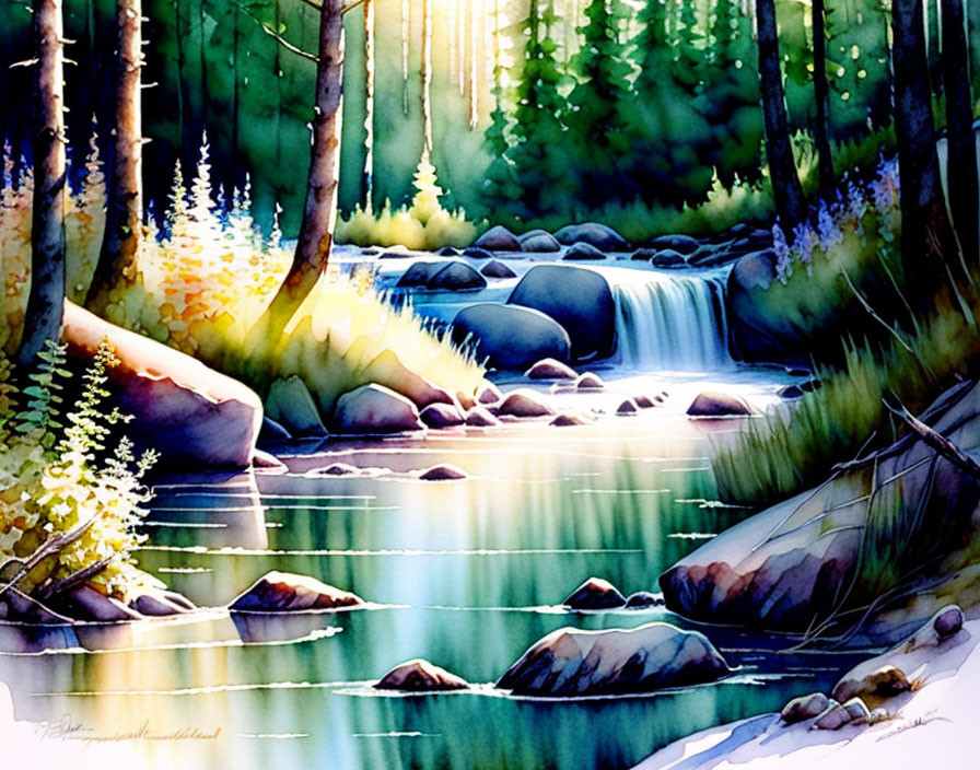 Tranquil forest stream watercolor painting with rocks and lush greenery