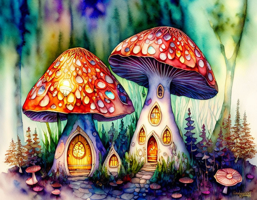 Enchanted forest watercolor with whimsical mushroom houses