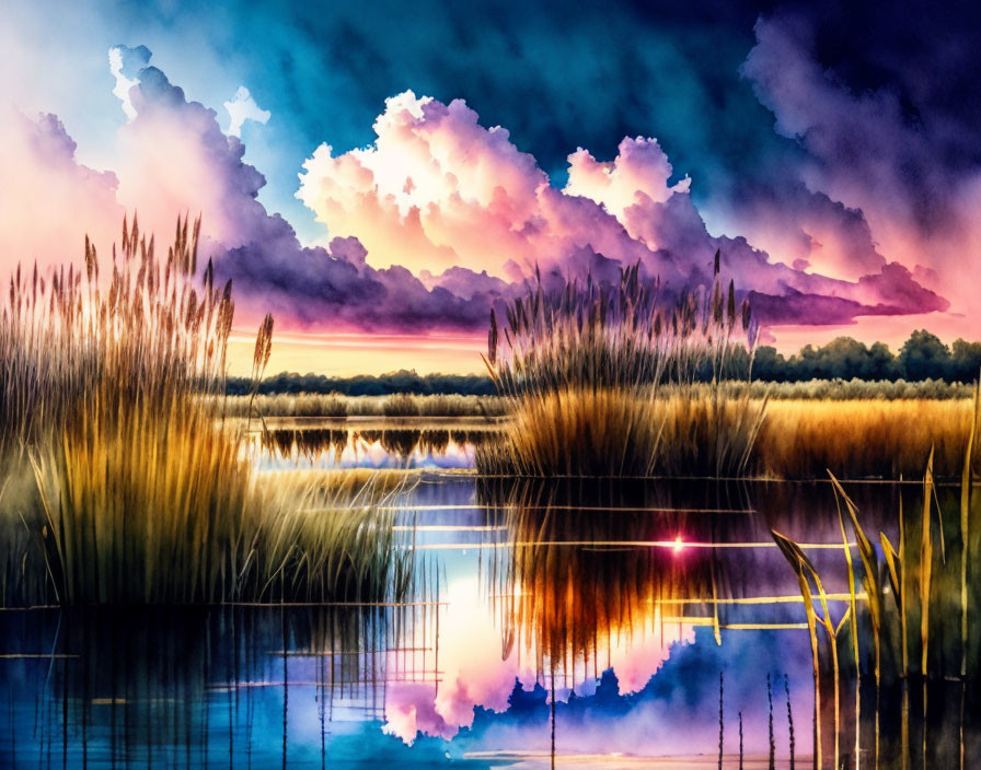 Tranquil sunset lake scene with vibrant watercolor reflections