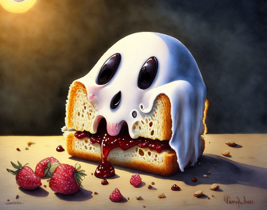 Whimsical slice of bread with melting ghost topping and strawberries