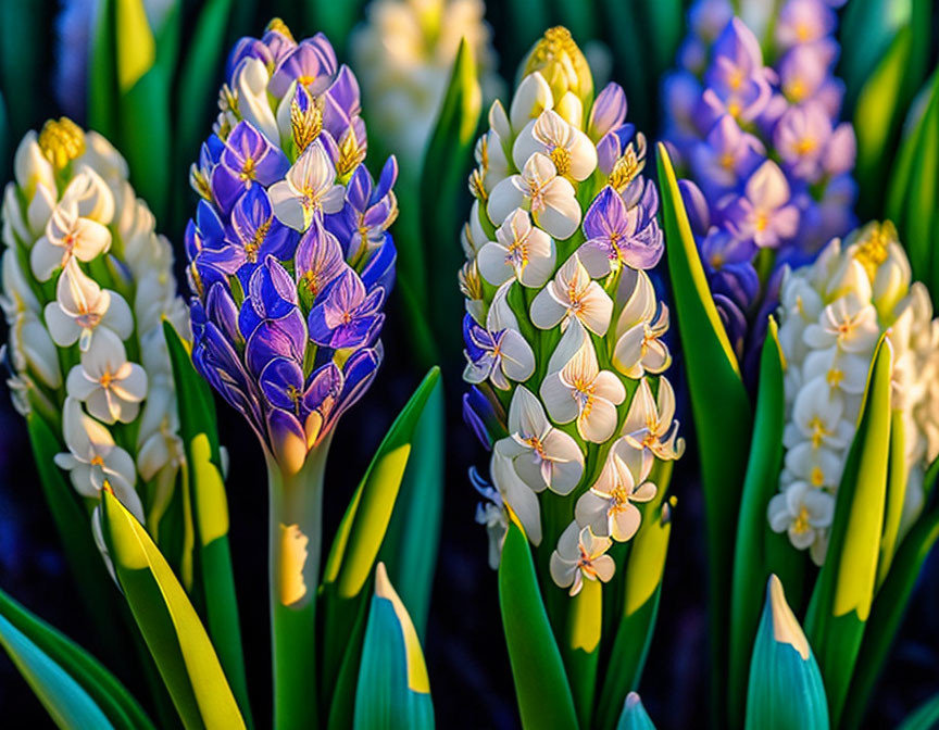 Purple and White Hyacinth Flowers with Green Leaves in Sunlight