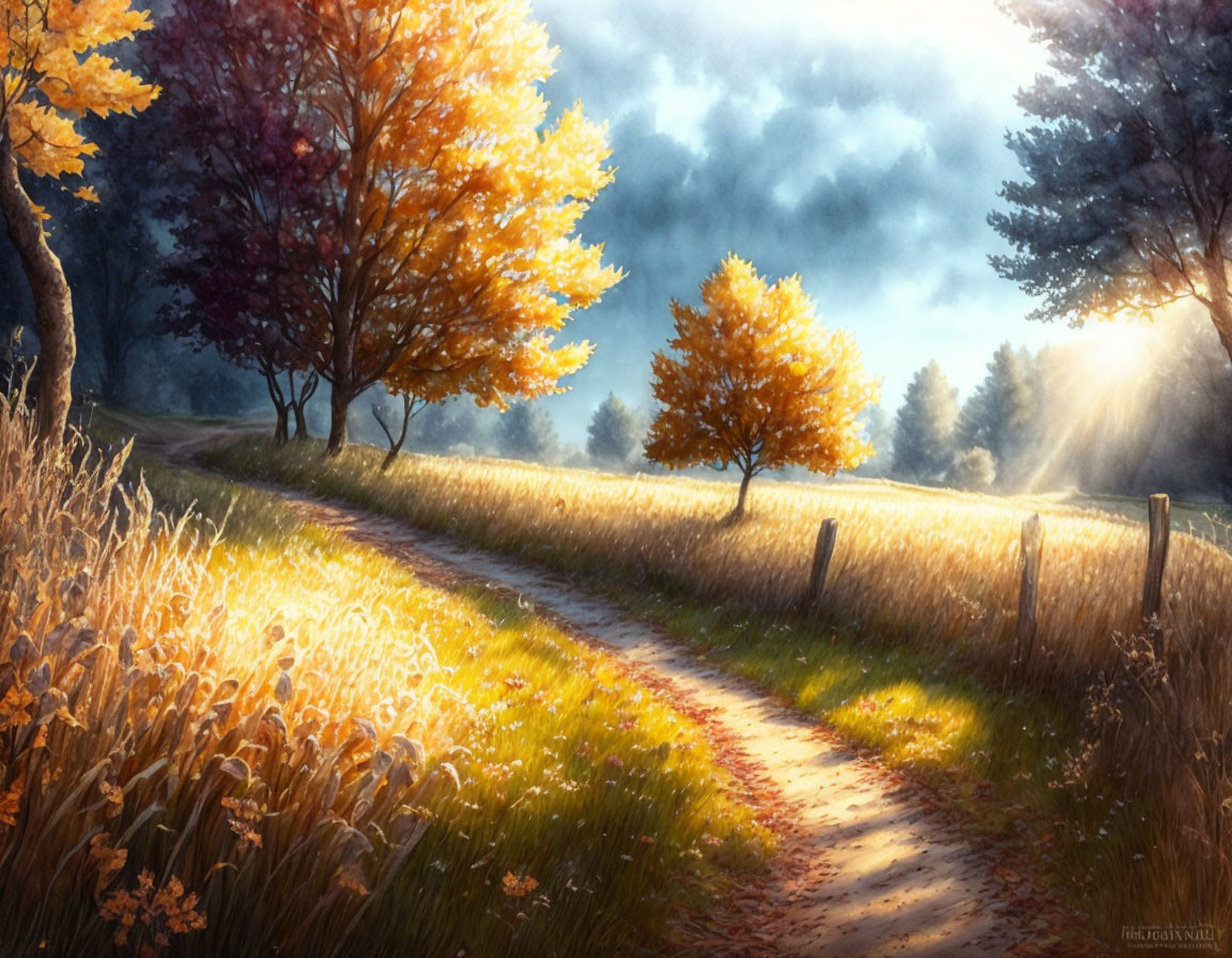 Golden Field with Autumn Trees and Winding Path