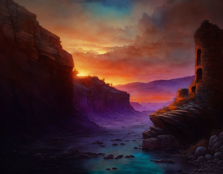 Tranquil river at sunset with radiant clouds, rocky cliffs, and ancient tower ruin