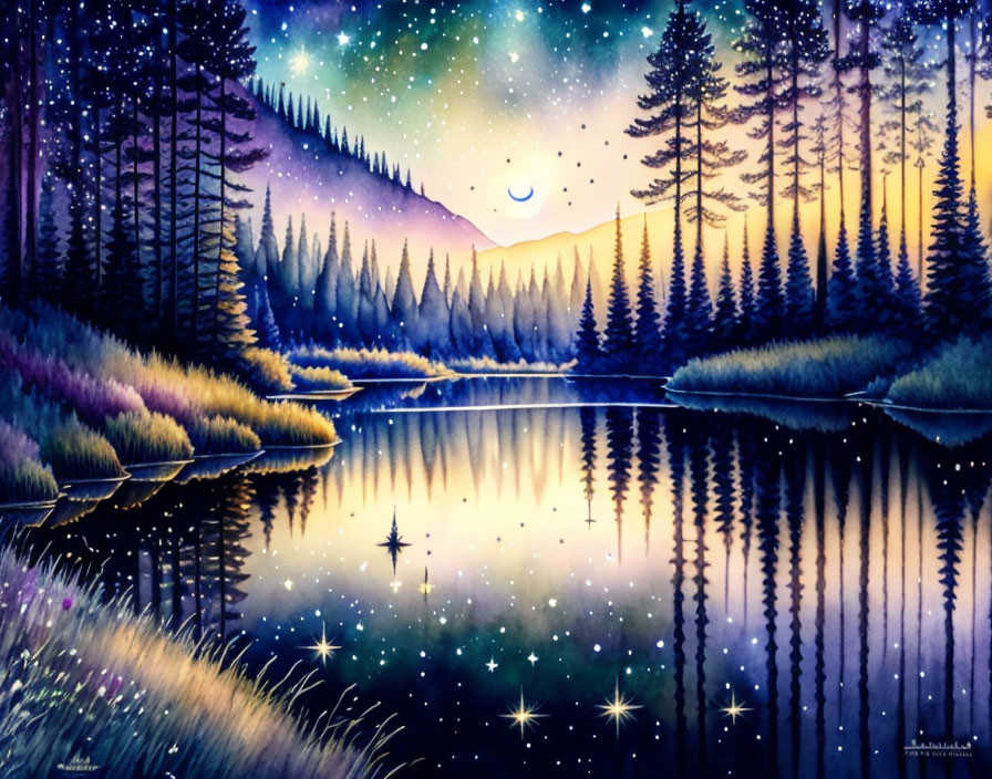 Tranquil twilight scene: starry sky, calm lake, pine trees, crescent moon