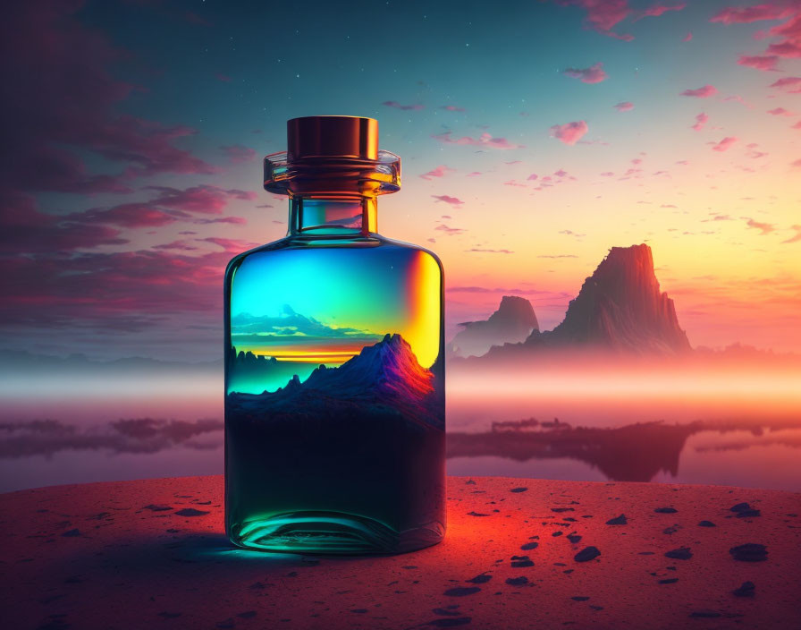 Colorful Glass Bottle on Sandy Surface with Misty Mountains and Starry Sky