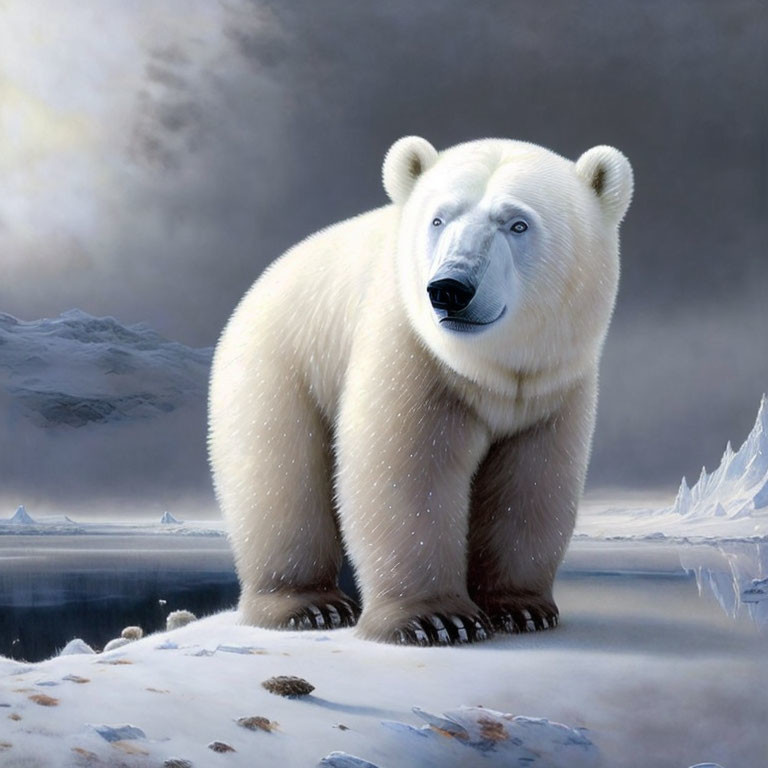 Polar Bear in Snowy Landscape with Icy Mountains