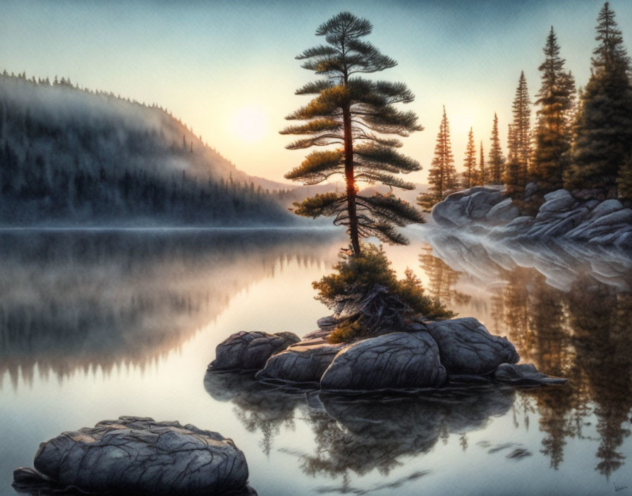 Tranquil sunrise scene: misty lake, lone pine tree, rocky islet.