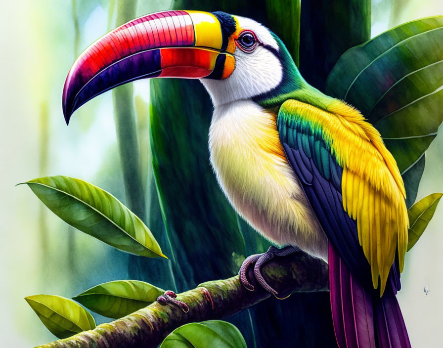 Vibrant toucan on branch with colorful beak & plumage