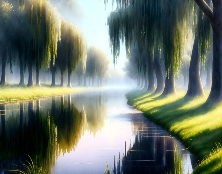 Tranquil river landscape with willow trees and misty ambiance